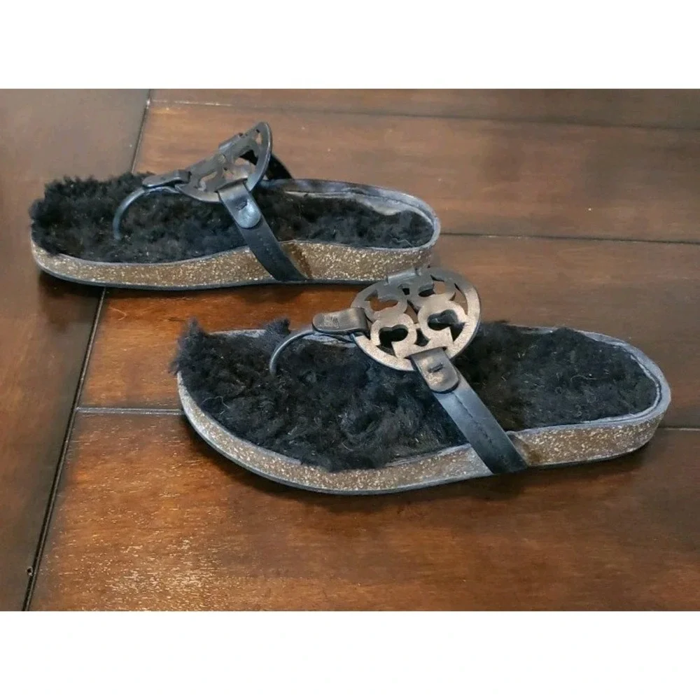 Tory‎ Burch MILLER CLOUD Cork Sandals Shearling Size 7 Black
